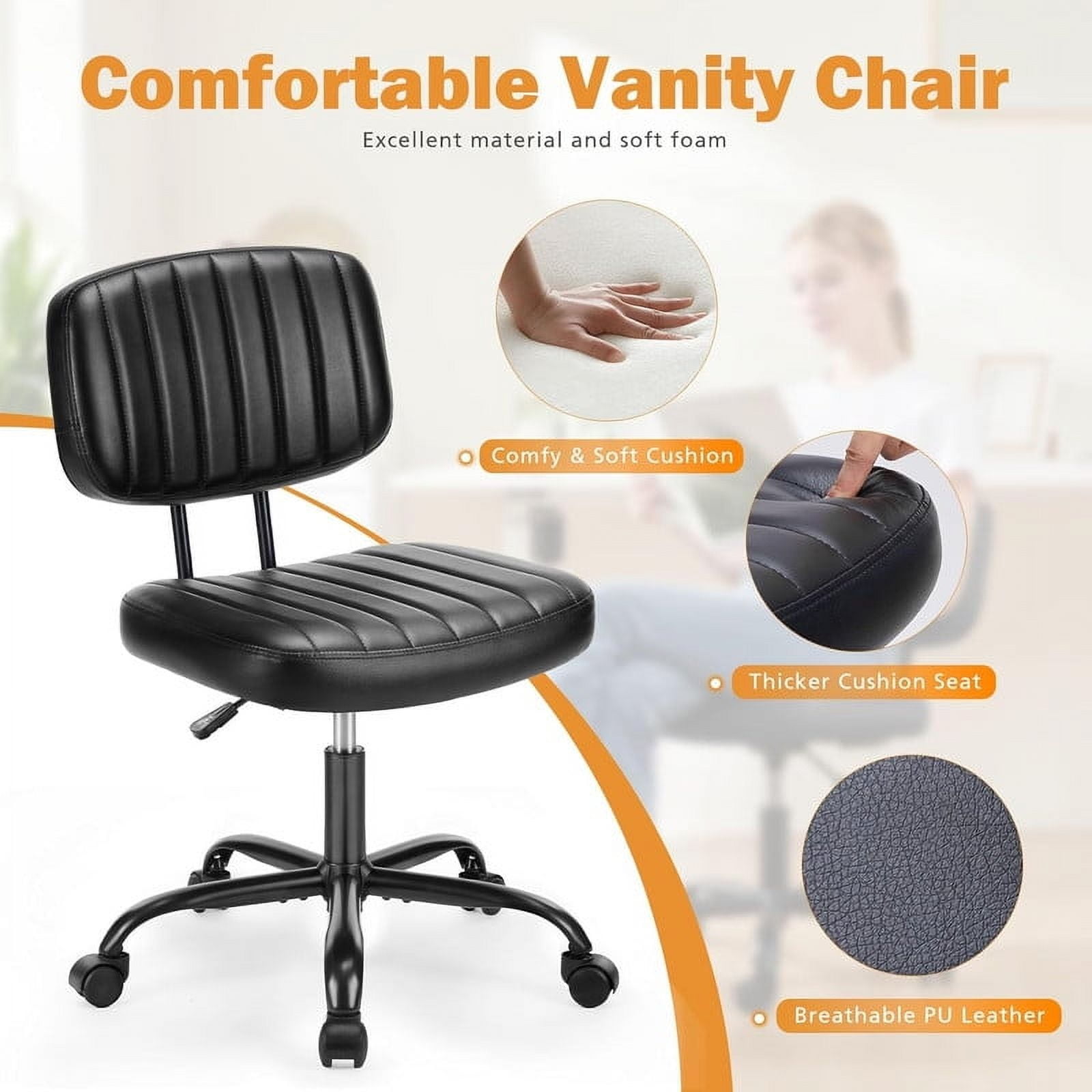Armless Office Desk Chair with Wheels, Adjustable Height 360° Rolling Swivel Lumbar Support Low-Back Computer Chair, PU Leather, Black