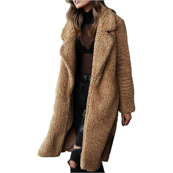 Coat For Women Sherpa Lined Jacket Fashion Coat Solid Color Oversized Clothes Open Front Long Coat(Brown,XL)
