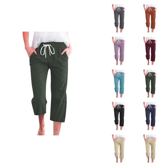 Capri Pants for Women Spring Summer Elastic Waist Wide Leg Loose Cotton Linen Cropped Pants with Pockets Womens Capris