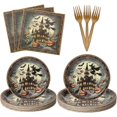 thumbnail image 2 of YNTVV-25 Sets Halloween Party Supplies: Disposable Dinner Plates (9in & 7in), Forks, Napkins - Complete Spooky Tableware Set for 25 Guests (gold), 2 of 2