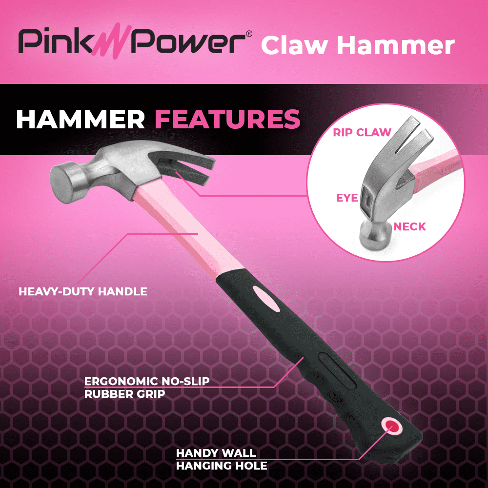 Pink Power 16oz Steel Claw Craft Hammer with Slip Resistant Handle for DIY and Craft Hammer for Women