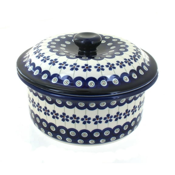 Blue Rose Polish Pottery Flowering Peacock Round Baker with Lid
