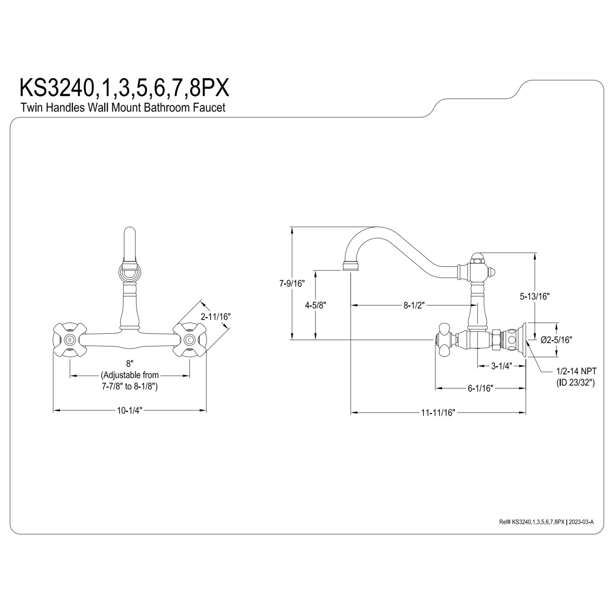 Kingston Brass KS3246PX Vintage Double-Handle Wall Mount Bathroom Faucet, Polished Nickel