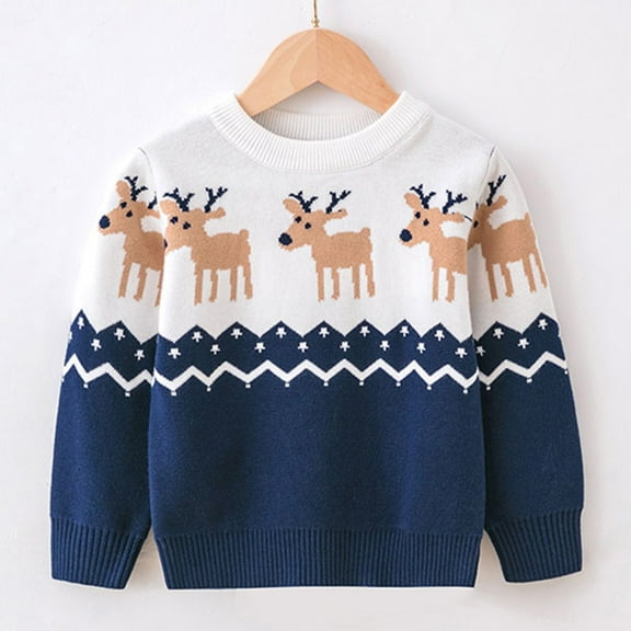 Tfken Christmas Boys Kids Sweater Long Sleeve Cartoon Print Pullover Daily Wear Retro Sweater Blue Size 3-4 Years