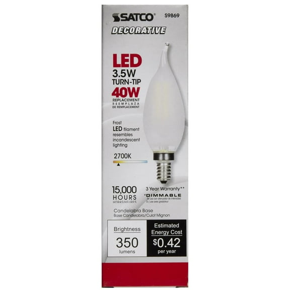 Satco S9869 CA11 Candle LED Light Bulbs 3.5W 120V 2700K E12 Candelabra Base Frosted Dimmable (6 Pack)