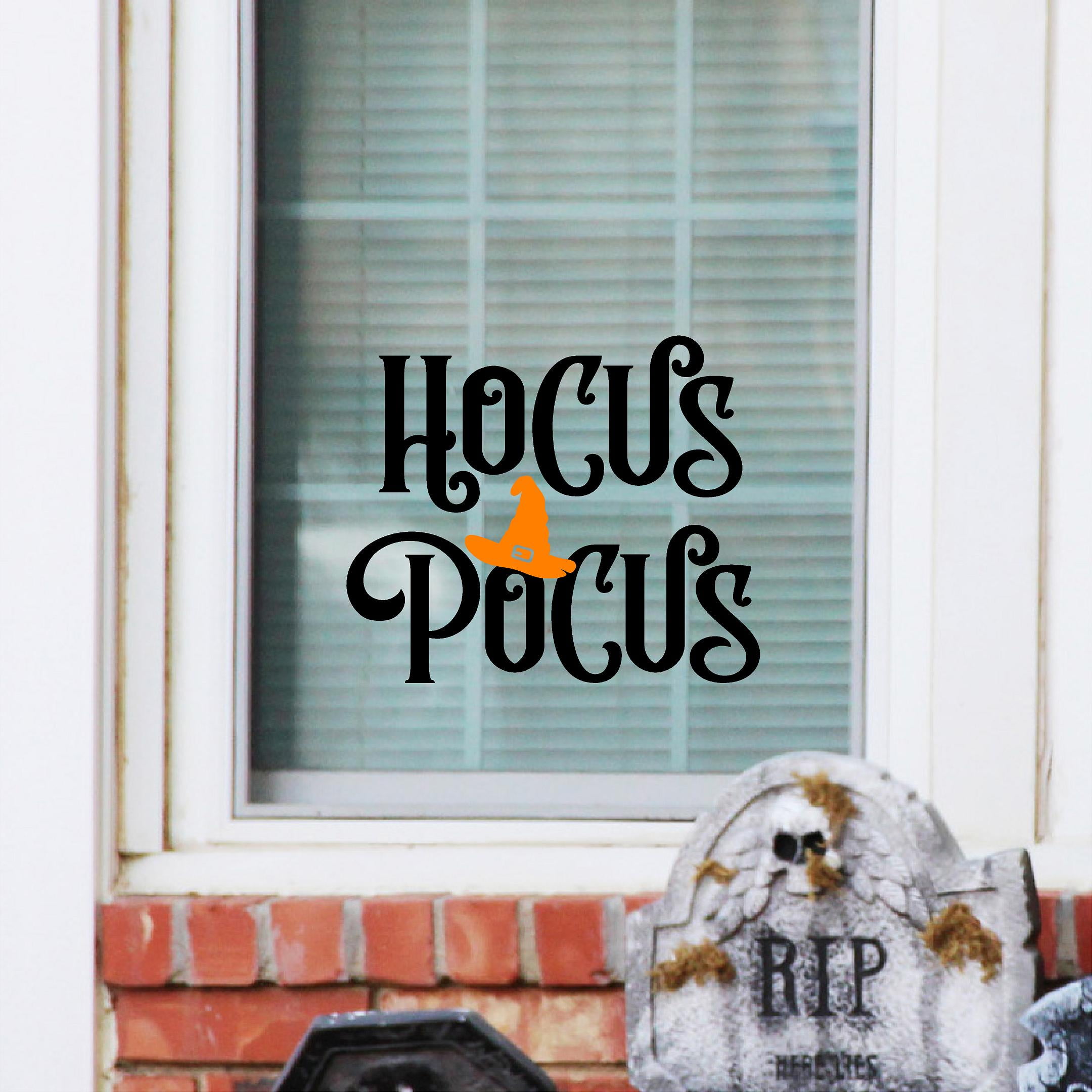 Hocus Pocus with hat Halloween Decals Vinyl Lettering Wall Decal Size: 16.5'H x 20'L-  Color: Black (Hocus Pocus) Orange (hat)
