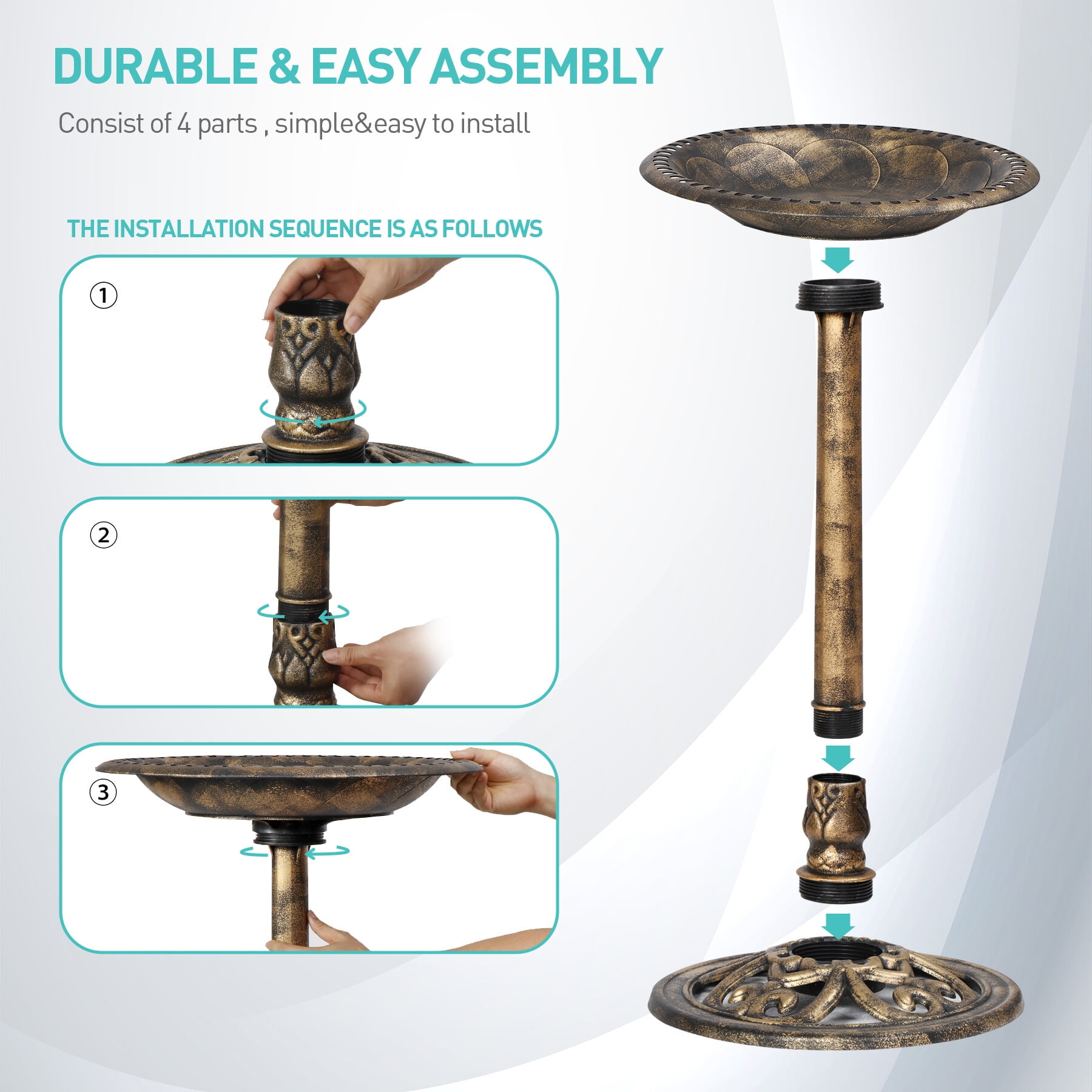 SuperDeal 28in Antique Bird Bath Weather-Resistant Resin Pedestal W/20in Bowl for Outdoor Garden Decor, Bronze