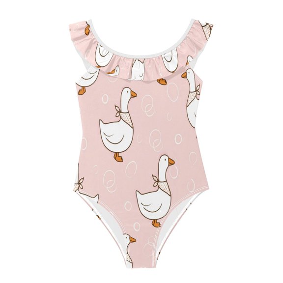 Girls Ruffled One Piece Swimsuit Summer Beach Vacation Swimwear Tank Swimsuit Duck Wearing A Scarf
