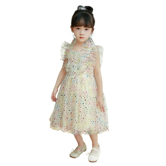 Tisuna Girl'S Dress Toddler Polka Dot Print Ruffled Sleeve Suspender Dresses Beauty Elegant Girls Summer Festival Dance Casual Wear Beige Size 2-3 Years