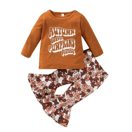 

TJAZFJPA Toddler Fourth of July Outfit Girl Toddler Kids Child Baby Girls Long Sleeve Letter Tops Sweatshirt Flower Print Bell Bottomed Flare Pants Outfit Set 2Pcs Newborn Girl Outfits
