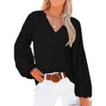 thumbnail image 2 of Fall Shirts for Women 2023 Long Lantern Sleeve Solid Henley V Neck T Shirts Tops Loose Office Blouses for Casual Work Womens Clothes, 2 of 6
