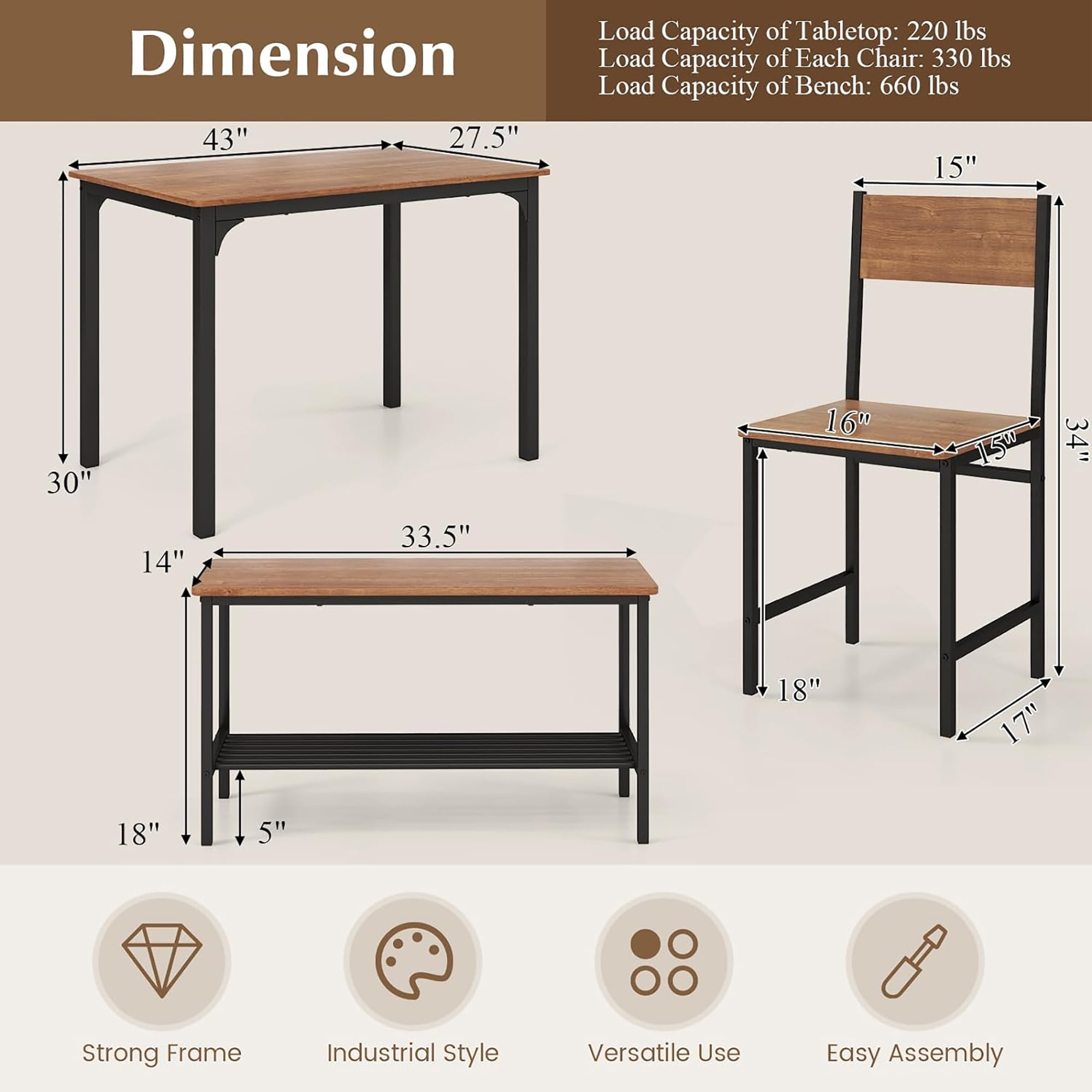 Gymax 4pcs Dining Table Set Rustic Desk 2 Chairs & Bench w/ Storage Rack Brown