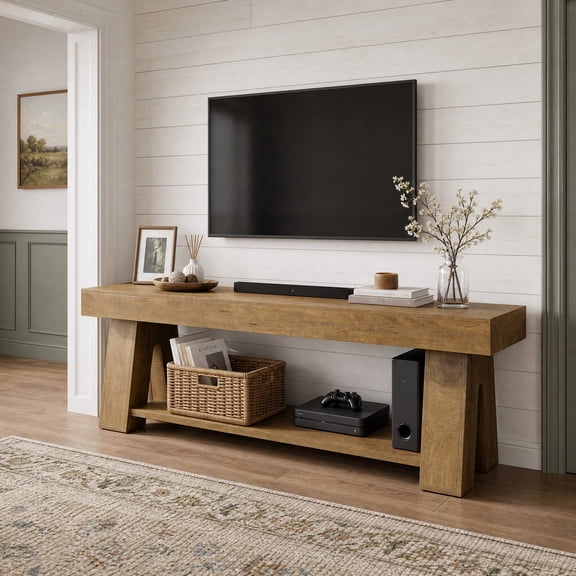 Fnova 63" TV Stand for TVs up to 65", Farmhouse Entertainment Center with Storage Shelf, Brown