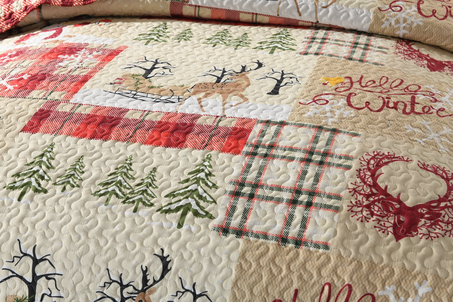 MarCielo 3 Piece Christmas Rustic Lodge King Size Deer Quilted Bedspread/Quilt