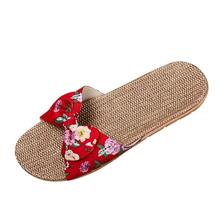 

Straw Slippers for Women with Bow Tie Slippers for Fashion Ladies Women Breathable Bohemia Beach Slip On Shoes Flats Casual Sandals Red