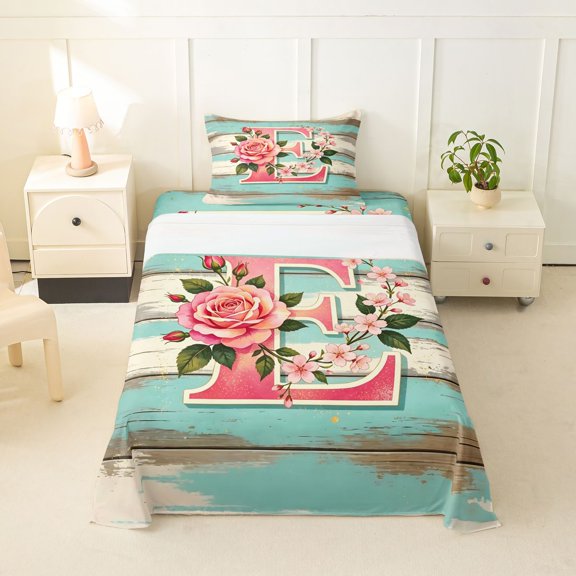 Feelyou Rose Wood Letter E Twin Sheets for Kids, Farmhouse Lodge Cabin Bedding, Pink Teal, 3-Piece, 1 Flat Sheet, 1 Fitted Sheet and 1 Pillowcase