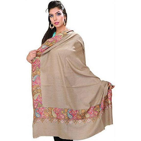 Exotic India Warm-Taupe Pure Pashmina Shawl from Kashmir with Hand-Embroi - Gray