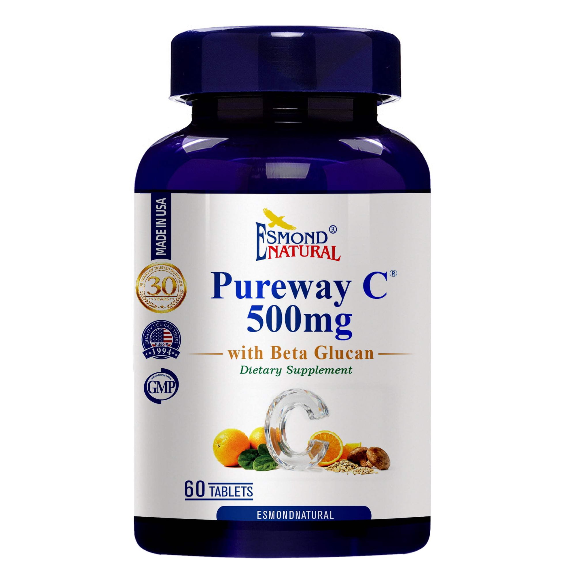 Pureway C with Beta Glucan (500mg with Beta Glucan – Vitamin C Supplement with Citrus Bioflavonoids Calcium – Immune Antioxidant Support) USA FDA GMP NPAC-60 Tablets