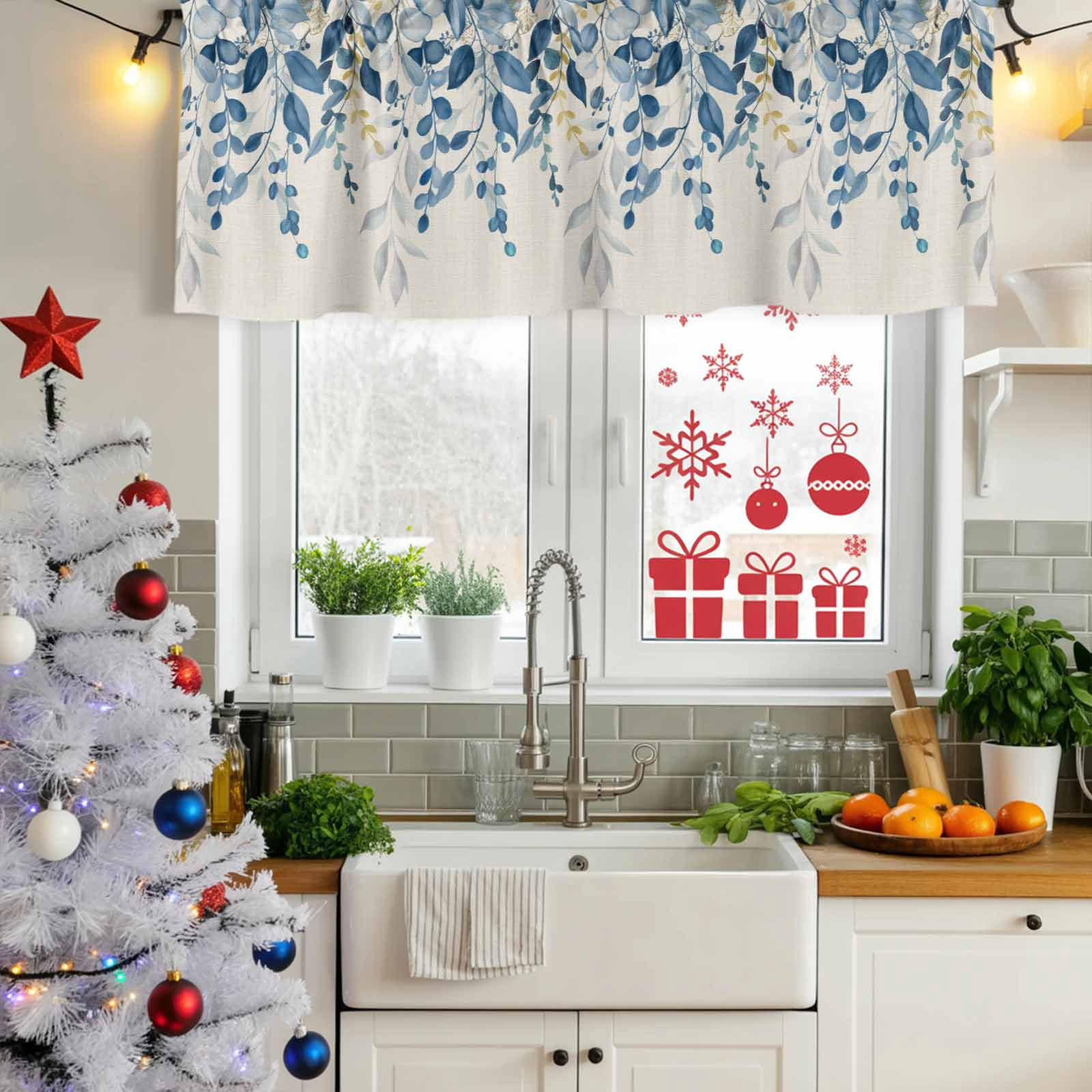 2 Pack Valances for Windows, Blue Eucalyptus Window Valances for Living Room/Bedroom/Bathroom, Farmhouse Weeping Leaves Linen Light Filtering Kitchen Curtain Valance Window Treatment 42"W x18" L