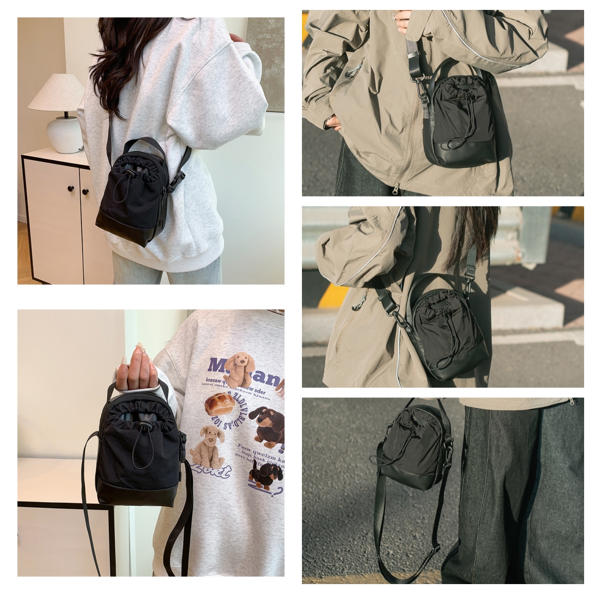 Hue & Hold Unisex Large Capacity Multi-Pocket Zip Drawstring Crossbody Bag Handbag Water Bottle Carrying Bag Lightweight Outdoor Sling Bag with Adjustable Strap, Black