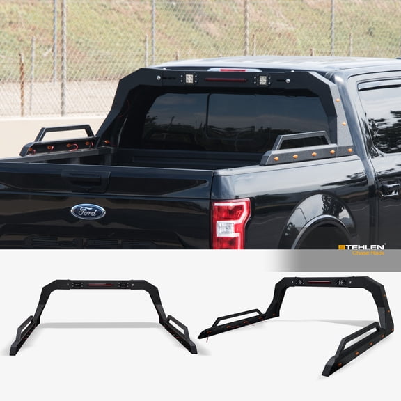 Stehlen 642167818199 Universal Adjustable Truck Bed Chase Rack Roll Bar with Side Rails Handle & 3rd Third Brake Light & 2x LED Work Lamps Bars & 14x Amber Side Marker - Textured Black