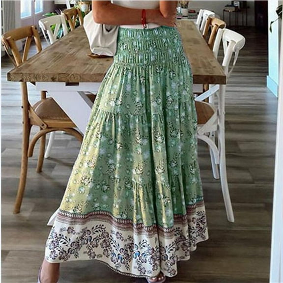 BOMYJESK Floral Skirts for Women Summer Maxi Skirt Swing Ruffle Smocked A-Line Flared Skirt Elastic High Waist Boho Beach Vacation Clothes with Pockets Green L