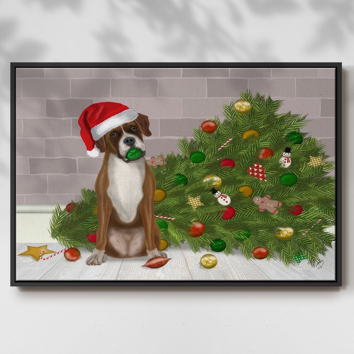 Christmas Boxer and Broken Christmas Tree - Framed Gallery Wrapped Holiday Canvas - 25 x 37 - Black Frame