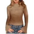 thumbnail image 2 of Womens Mock Neck Bell Long Sleeve T Shirt Lettuce Trim Fitted Shirt Slim Fit Fashion Cocktail Party Going Out Tops, 2 of 7
