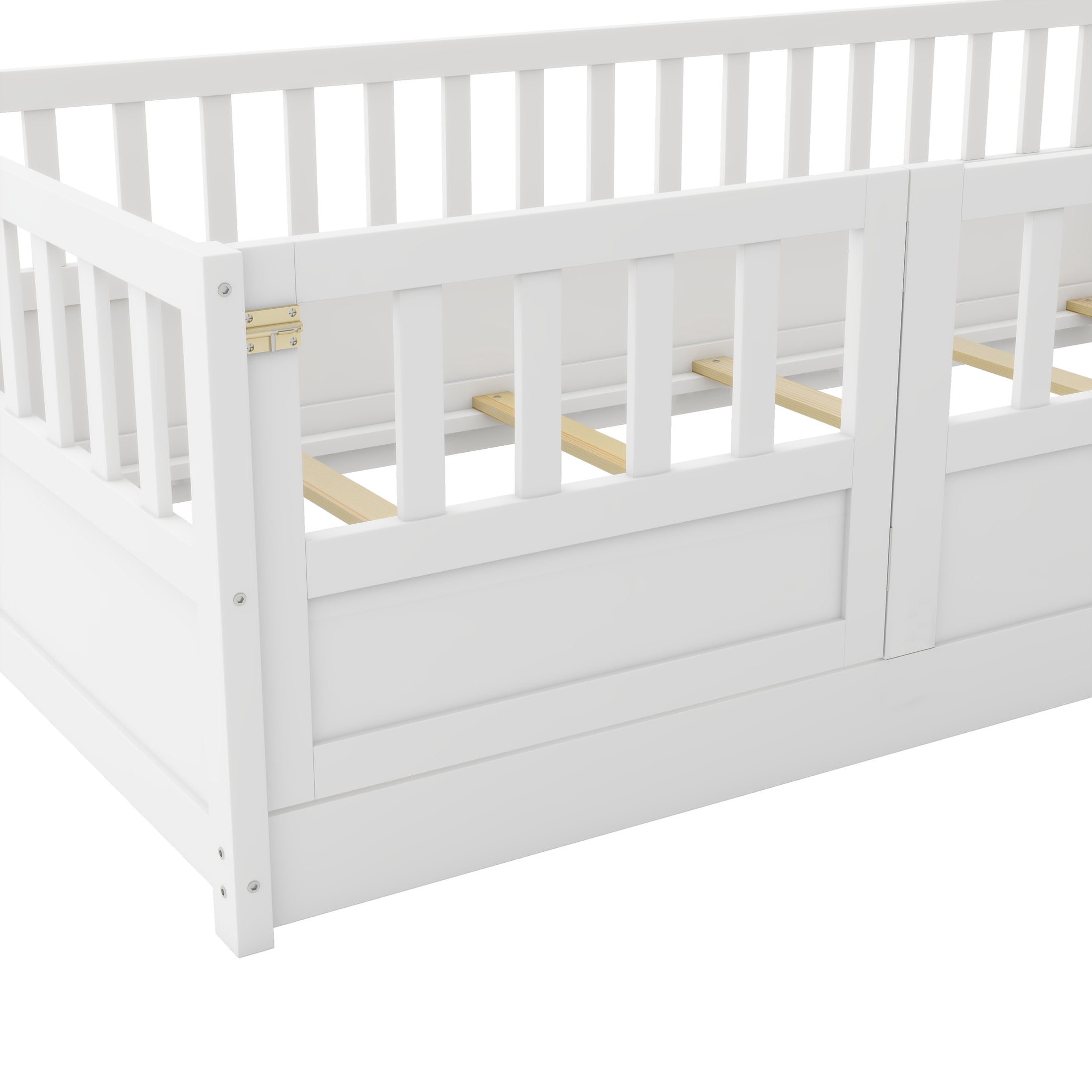 Noble House Twin Size Montessori Floor Bed with Guardrails and Door, Wood Kids Bed Frame, White