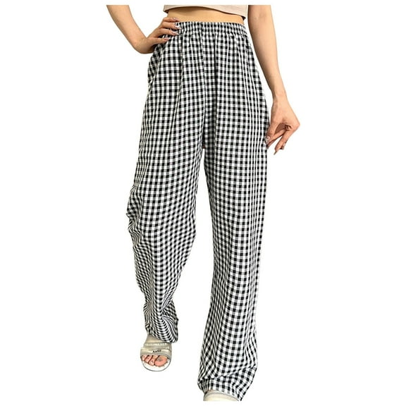 SNKSDGM Women's Plus Dress Pants Women Petite Short Length Slacks Linen Pants Women Petite Short Women's Casual Plaid Print Elastic Waist Drawstring Pants Comfy Trousers