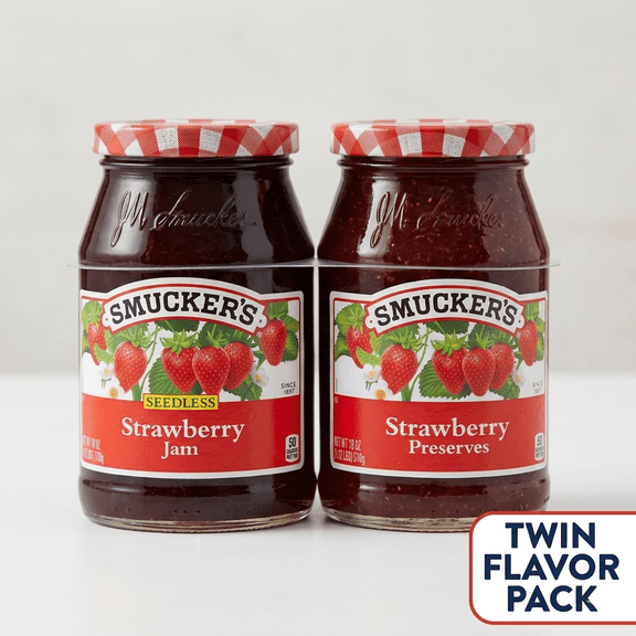 Smucker’s Strawberry Spread Variety Pack, Seedless Strawberry Jam & Strawberry Preserves, 18 oz Jars, Sweet Fruit Spread for Toast, PB&J, Baking & Breakfast