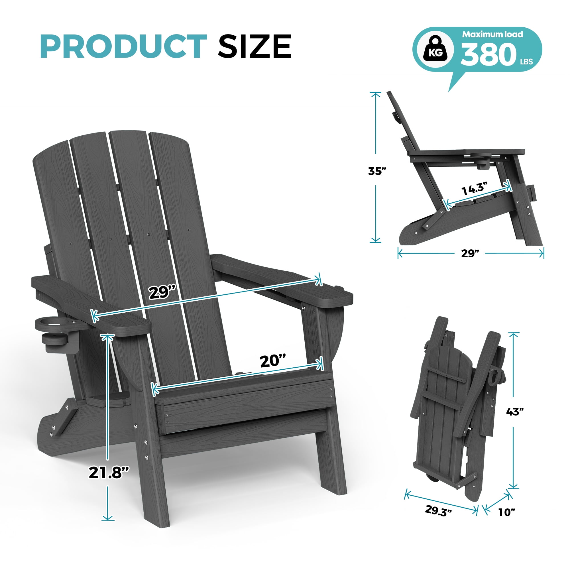 Outdoor Adirondack Chair, Outdoor Folding All-Weather HDPE Adirondack Chairs with 2 Cup Holders for Patio, Gray