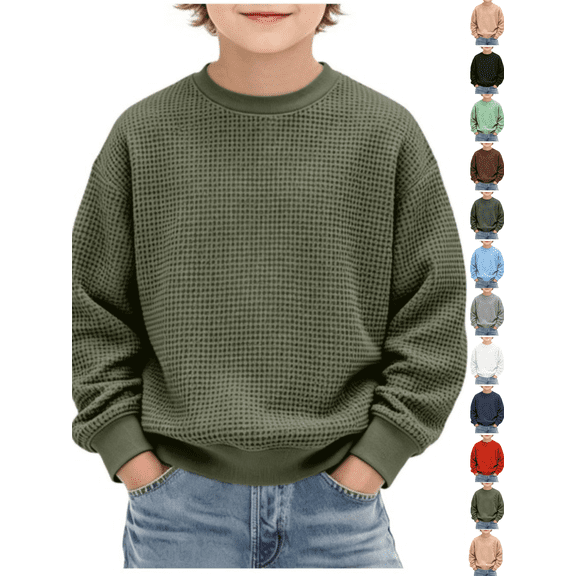 Toddler Boys Crewneck Sweatshirts Kids Waffle Knit Pullover Tops Long Sleeve Casual Shirts Fall Winter Thermal Basic Activewear Casual Clothes