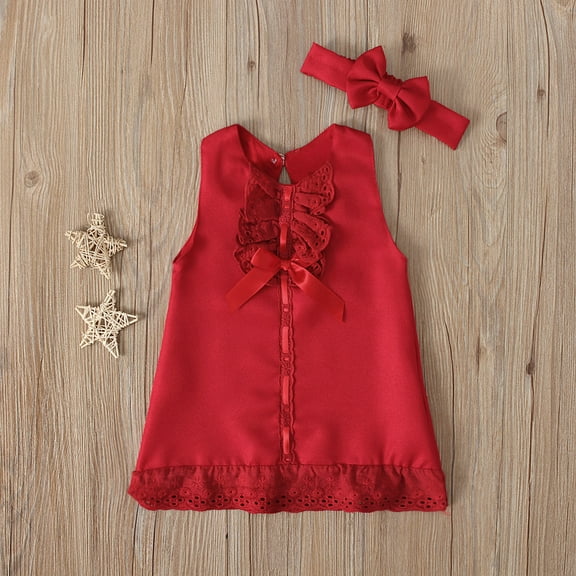 SDJMa Toddler Kids Summer Girls Lace Solid Color Sleeveless Cute Bow Dress Suit
