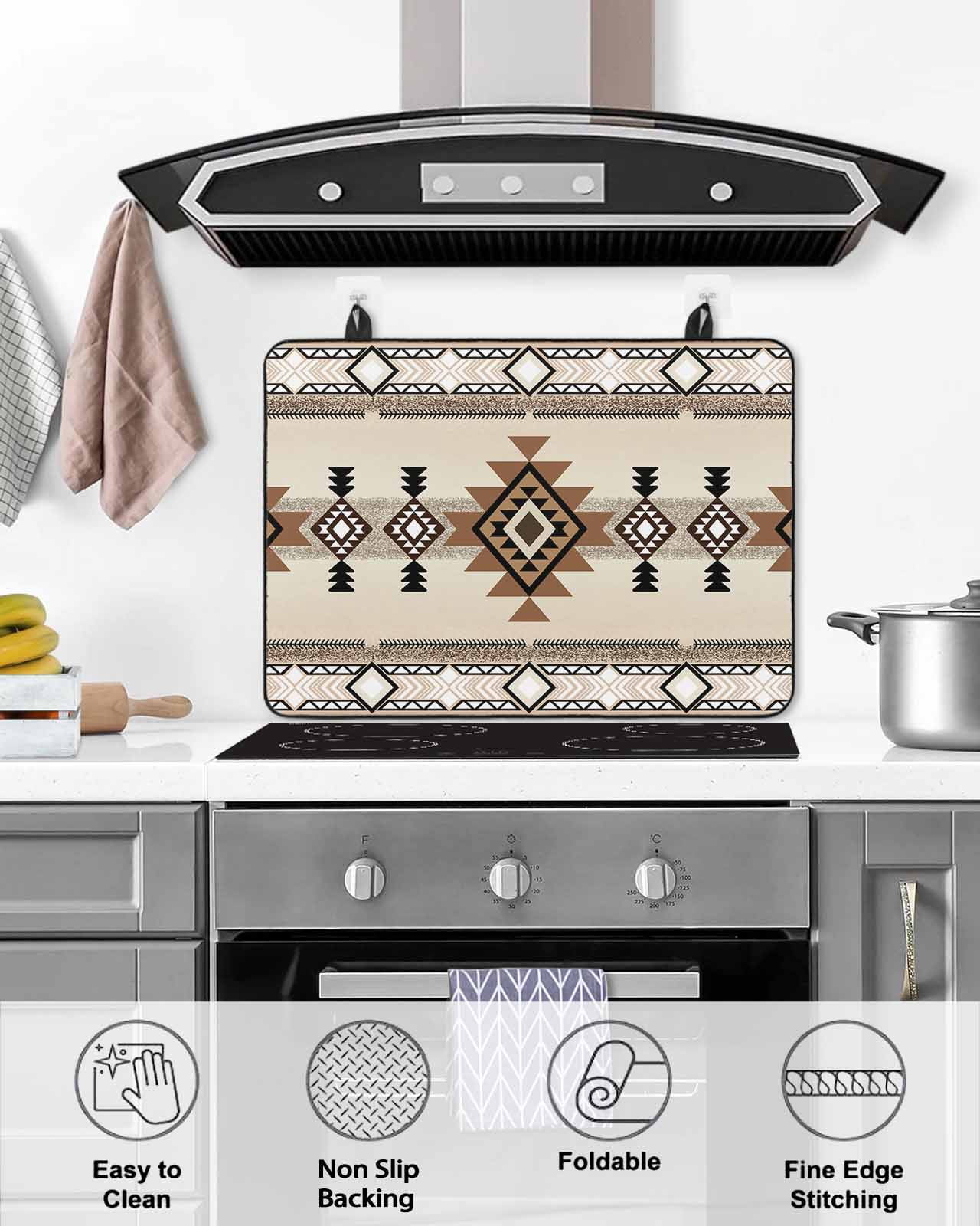 nqOlkjepod Large Induction Cooktop Protector Mat 24"x21", Brown Southwestern Stove Top Covers for Electric Stove, Boho Ethnic Geometric Farmhouse Stove Burner Cover Mats, Glass Top Stove Cover