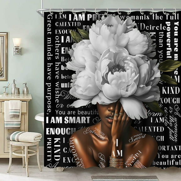 Black Girl Shower Curtain African American Woman Vintage Grey Peony Floral Motivational Quotes Fashion Bath Curtains Waterproof Fabric Polyester Shower Curtain Set with 12 Hooks 70X70IN