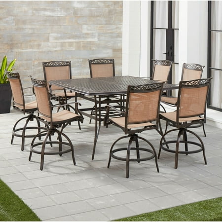 Hanover Fontana 9-Piece Counter-Height Outdoor Dining Set with 8 Sling Swivel Chairs and a 60-In. Square Cast-Top Table
