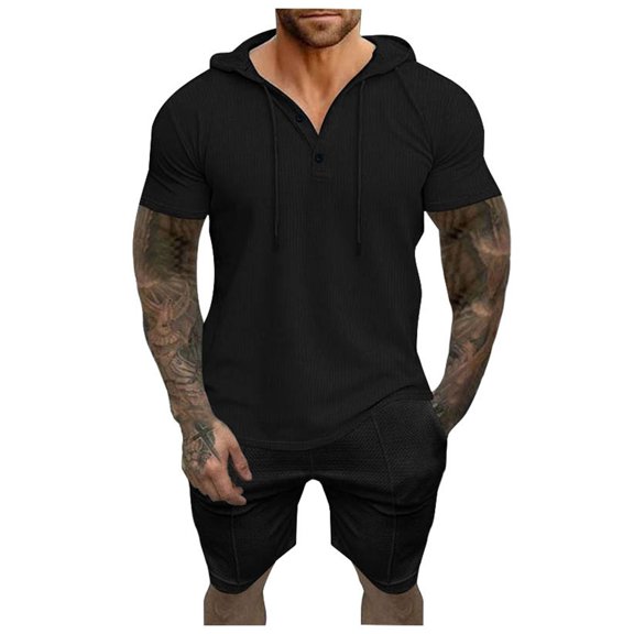 JIKNTTR Men 2 Piece Linen Outfit Men's Short Sleeve Shorts Hoodie T Shirt Casual Suit Trendy Beach Tracksuits