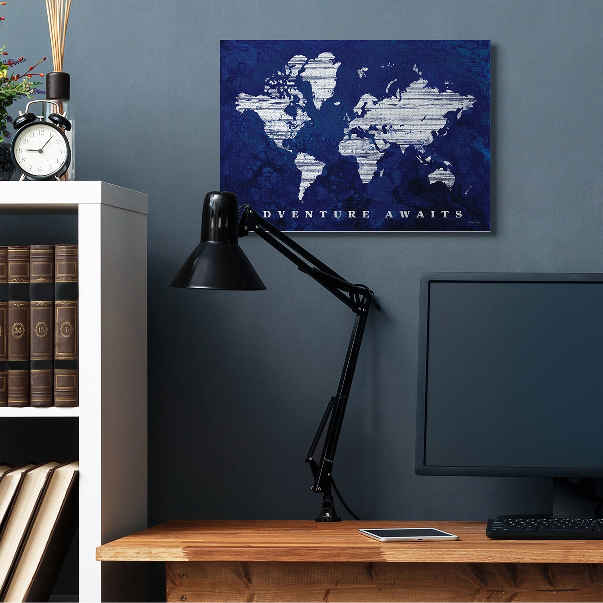 Stupell Industries Adventure Awaits Sentiments Navy Blue World Map,24 x 30,Designed by Cindy Jacobs