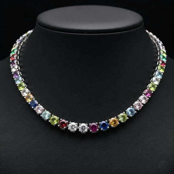925 Silver Multi Birthstone Tennis Necklace for Woman , Layered Choker Necklace , Colorful Stone Necklace, Dainty Wedding Gift for Her