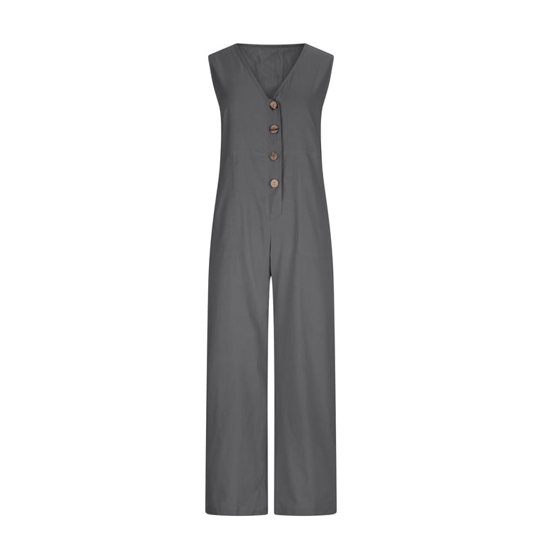 Jinhomg Women's Deep V Neck Linen Jumpsuits, Button Up Loose Long