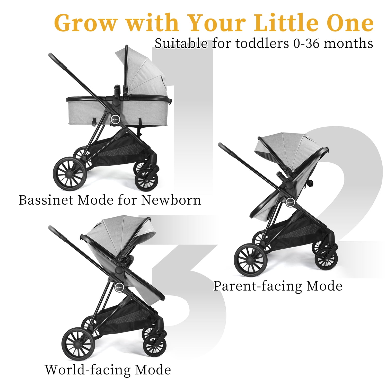 Cochildor Lite 2.0 Bassinet Mode 3-Position Reversible Lightweight Stroller with UPF 50+ Canopy, Grey