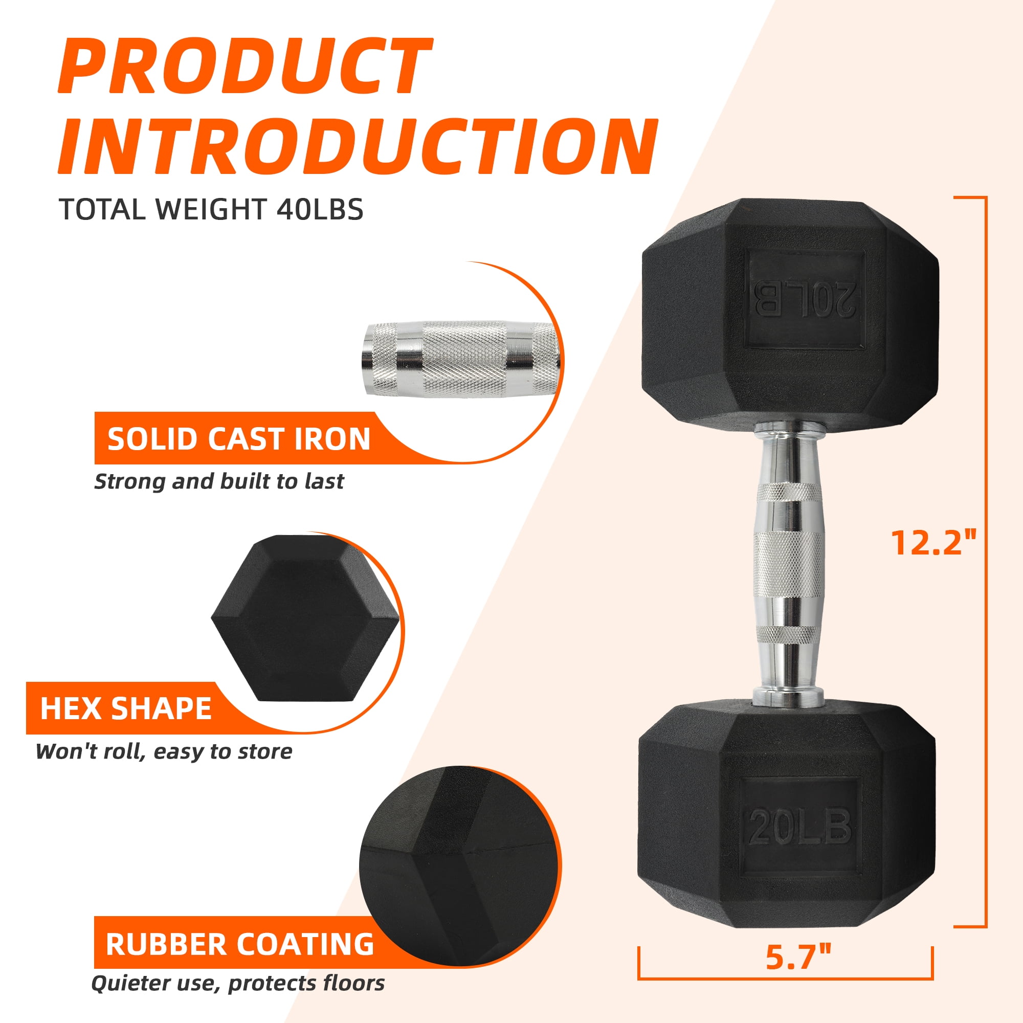 FlexWave Rubber Encased Hex Dumbbell – 10-50 lb, Black, Durable Non-Slip Weights for Home & Gym Workouts