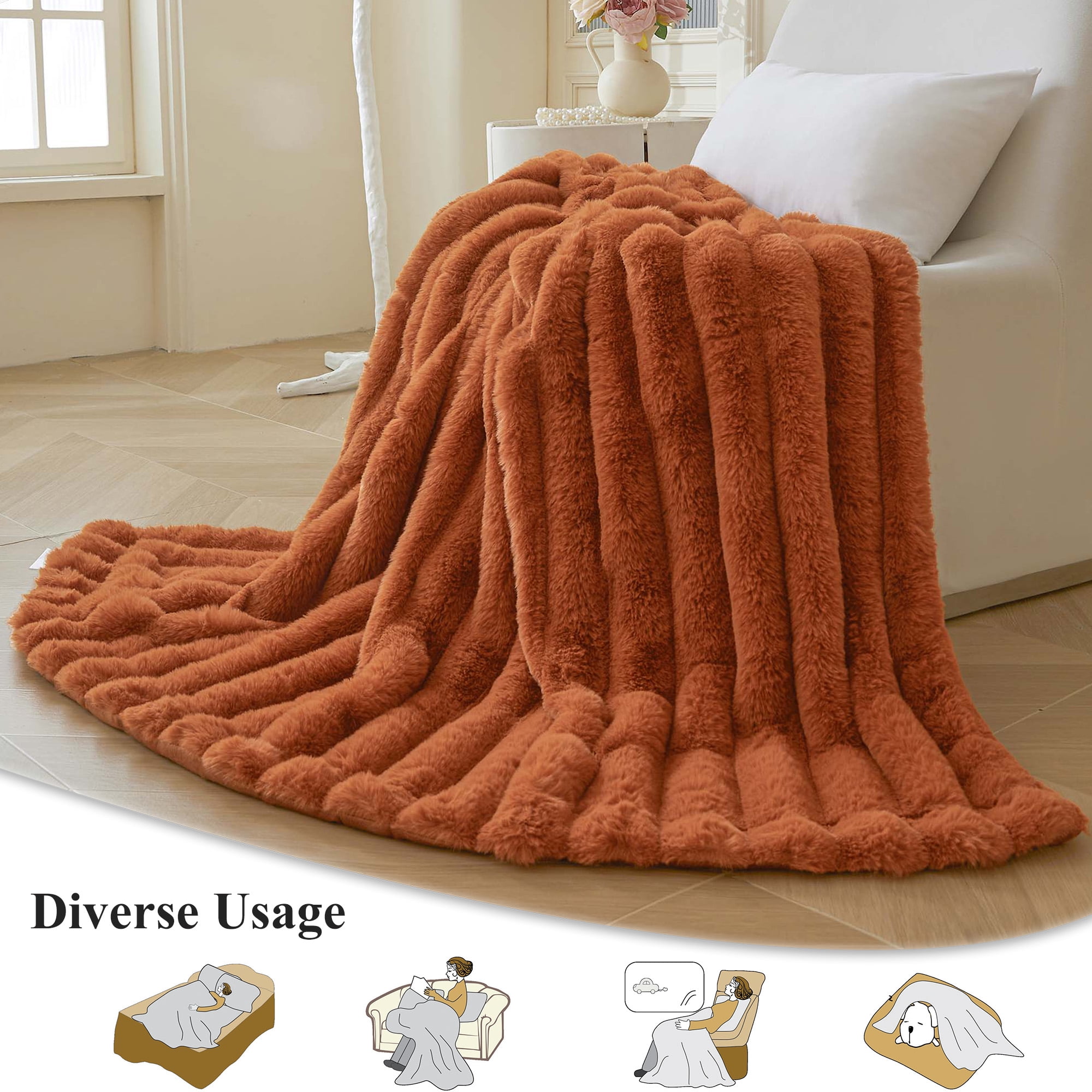 XeGe Fluffy Faux Rabbit Fur Throw, Luxury Stripe Plush Fuzzy Blanket for Bed Couch Sofa Chair, Decorative Shaggy Throw Bedroom Living Room, Furry Blanket Kids Girls Teens Adults, 50x60, Burnt Orange