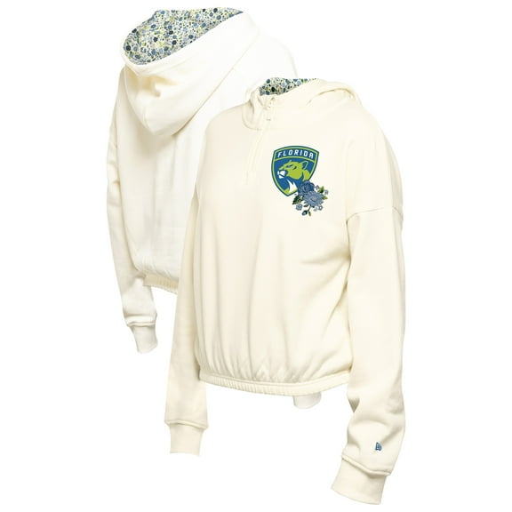 Women's New Era Cream Florida Panthers Glam Game Quarter-Zip Cropped Floral Hoodie Pullover