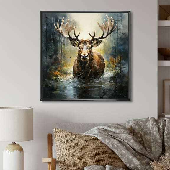 Designart "Mystic Moose in the Forest I" Animals Framed Wall Art - Grey Moose Bedroom Framed Canvas Wall Art