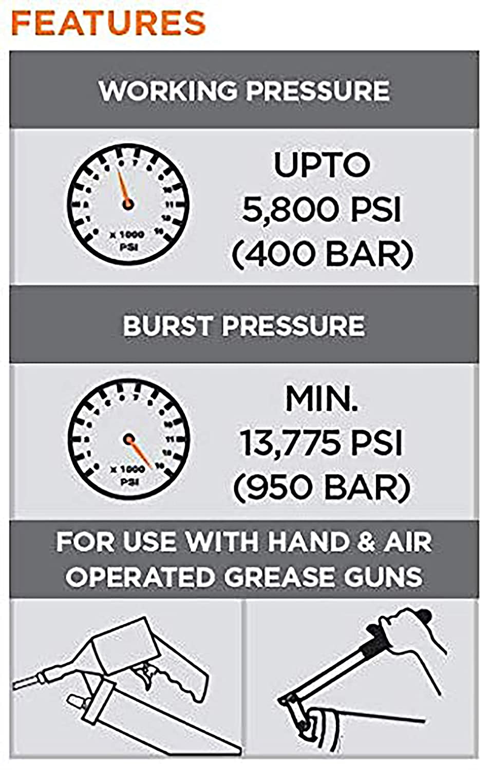 Prolube 43721 Flexible Grease Gun Hose Heavy Duty 5800 PSI 18-inch 1/8"" NPT