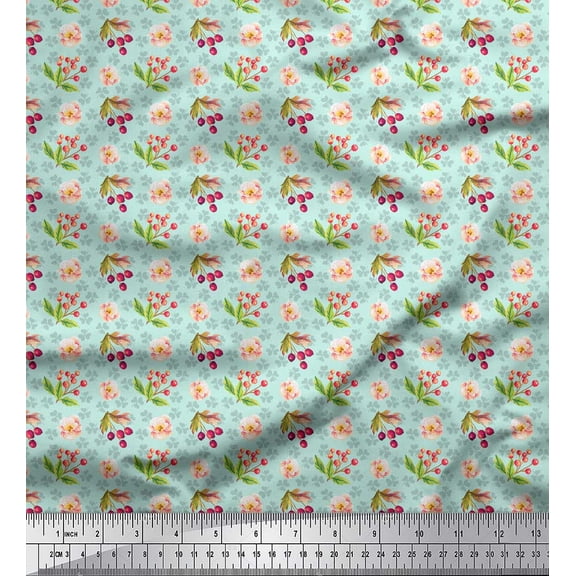 Soimoi Green Silk Fabric Floral & Cherry Fruits Decor Fabric Printed BTY 42 Inch Wide