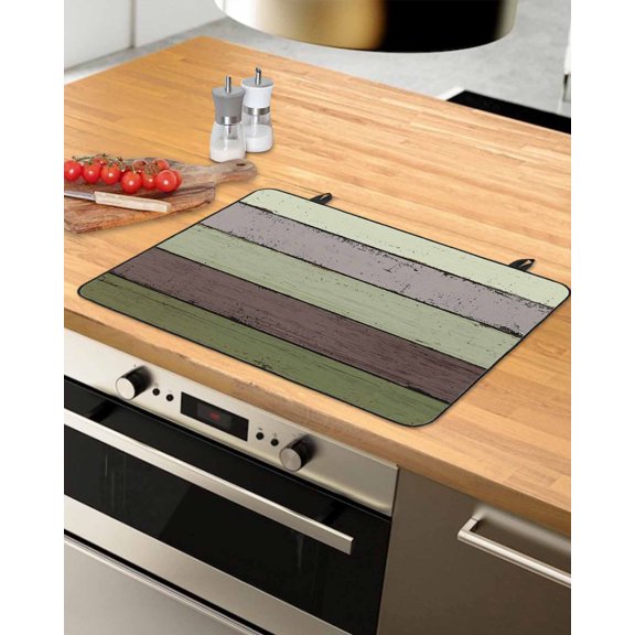 nqOlkjepod Large Induction Cooktop Protector Mat 36"x21", Sage Green Wooden Stove Top Covers for Electric Stove, Grey Stripe Gradient Country Rustic Stove Burner Cover Mats, Glass Top Stove Cover