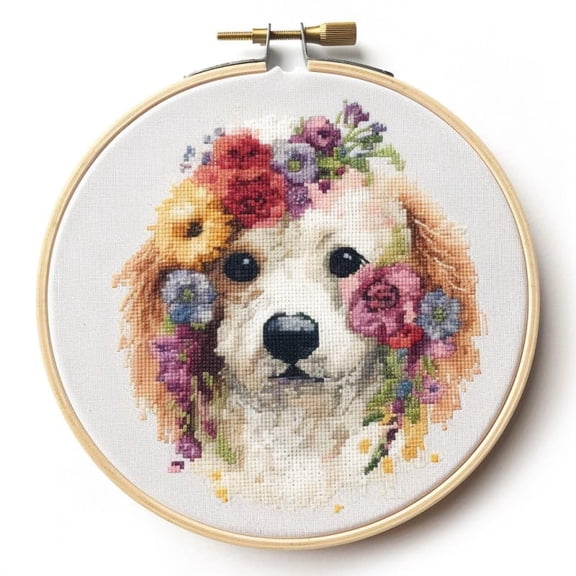 Counted Easy Cross Stitch Kits Flowers Poodle Color Stamped Embroidery for Starter Kits DIY 11CT Stamped Patterns Embroidery Needlework Kit Supplies 12 Inch Hoop Included(78-X)